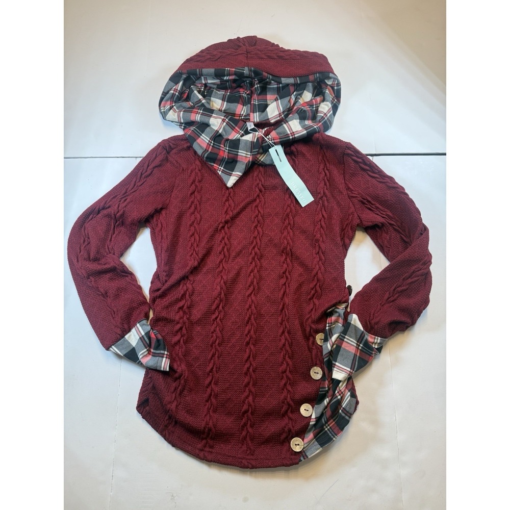 NWT Dressfo‎ Hooded Mauve Sweater Size Med long sleeve w/checker liner